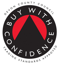 A Devon County Council 'buy with confidence' logo in black and red.