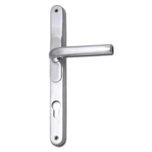 A stainless steel door handle.